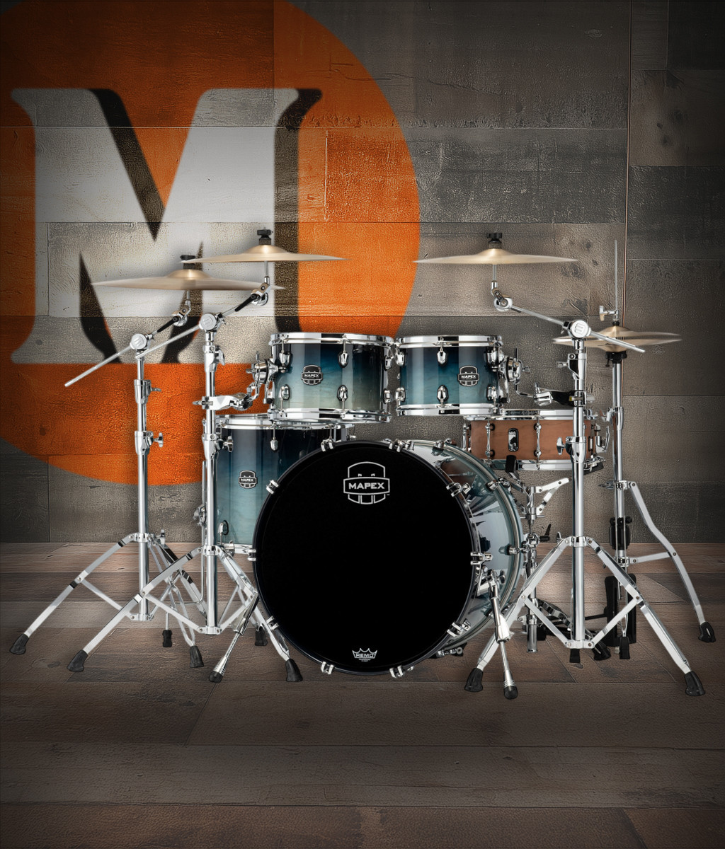 Mapex SR529XURJ Saturn Rock 4-Piece Shell Pack in Teal Blue Fade finish, no snare included.