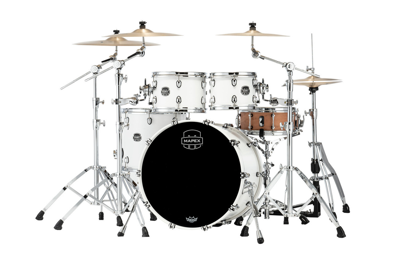 Mapex SR529XURM Saturn Rock 4-Piece Shell Pack in Satin White finish, no snare included.