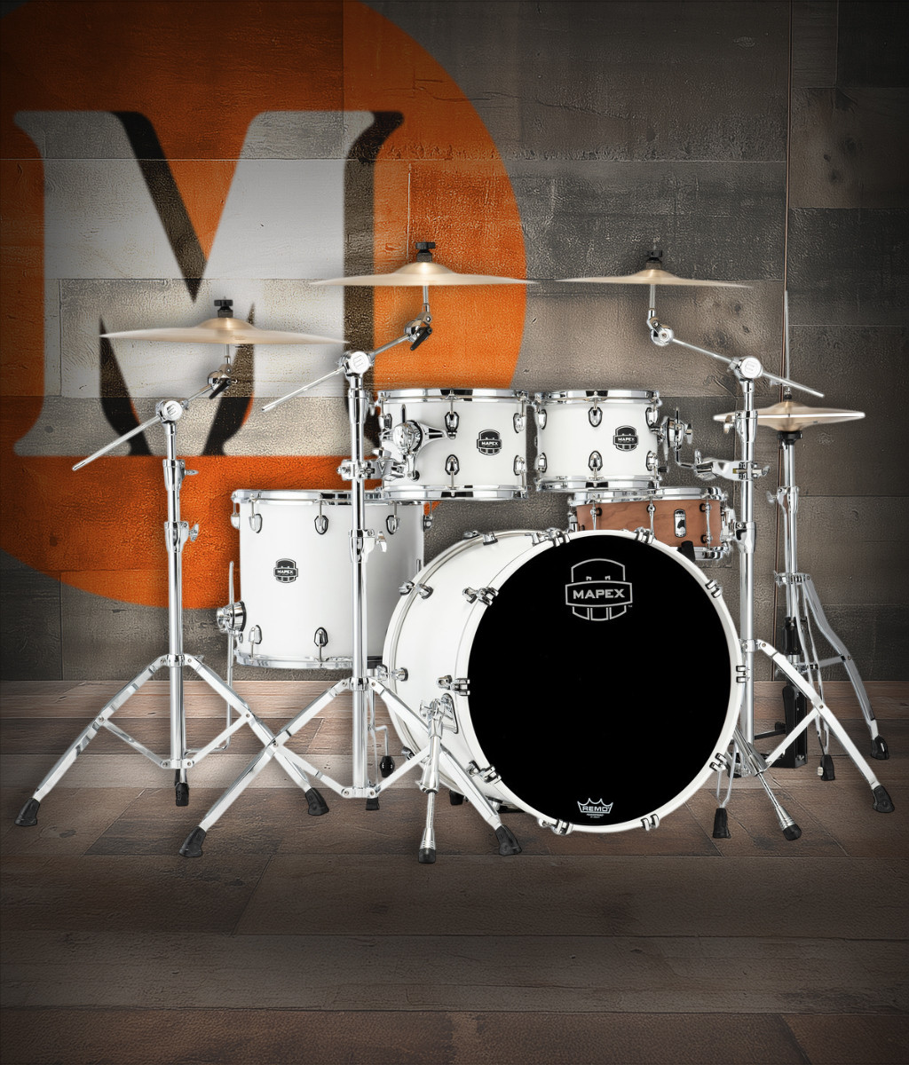 Mapex SR529XURM Saturn Rock 4-Piece Shell Pack in Satin White finish, no snare included.