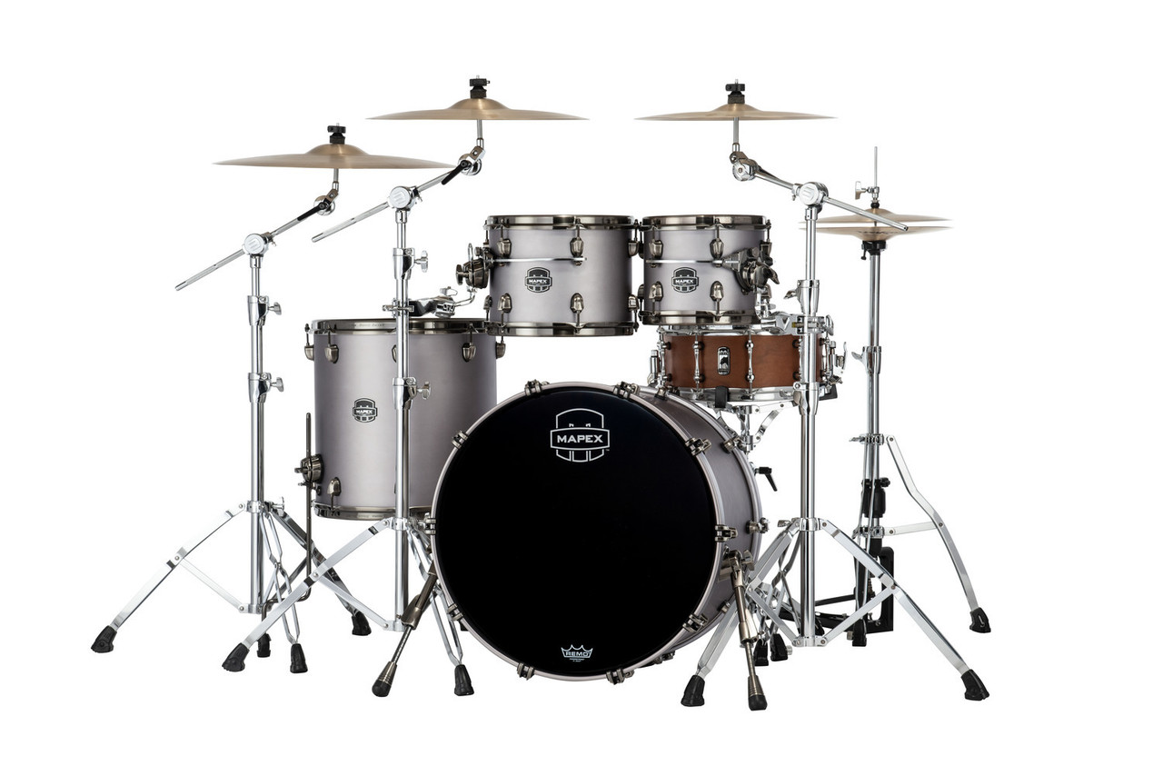 Mapex SE529XBBPG Saturn Evolution Rock 4-Piece Shell Pack in Gun Metal Grey finish, snare not included.