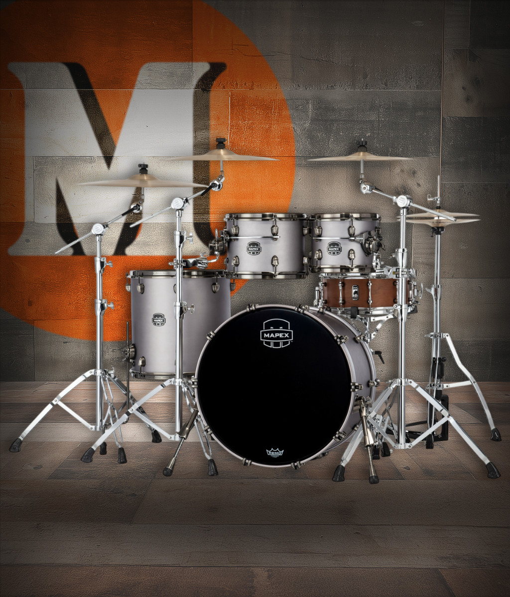 Mapex SE529XBBPG Saturn Evolution Rock 4-Piece Shell Pack in Gun Metal Grey finish, snare not included.