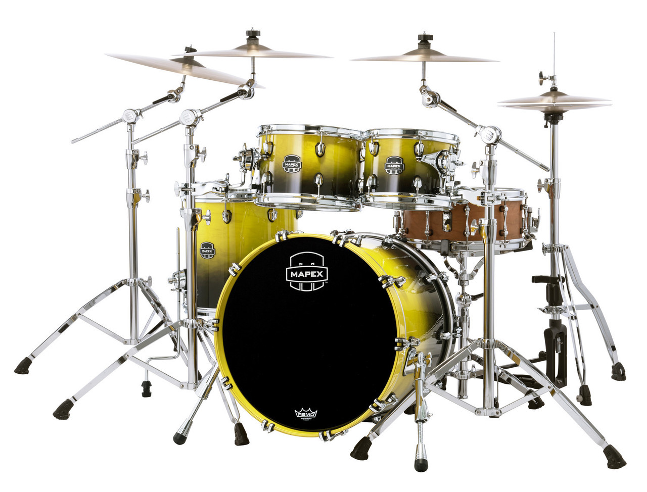 Mapex SR504XUJ Saturn Fusion 4-Piece Shell Pack in Sulphur Fade finish, no snare included.