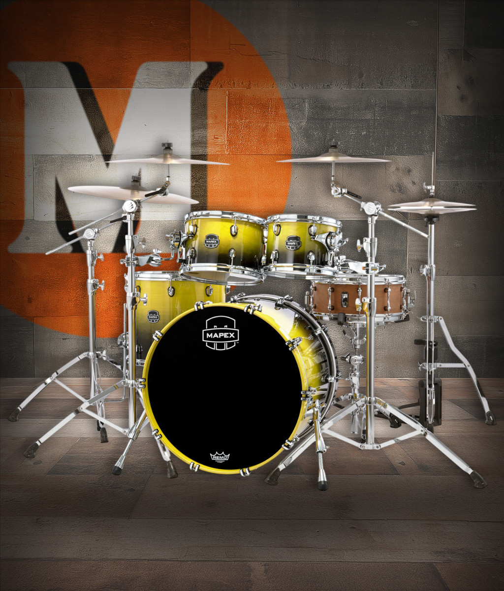 Mapex SR529XUUJ Saturn Rock 4-Piece Shell Pack in Sulphur Fade finish, snare not included.