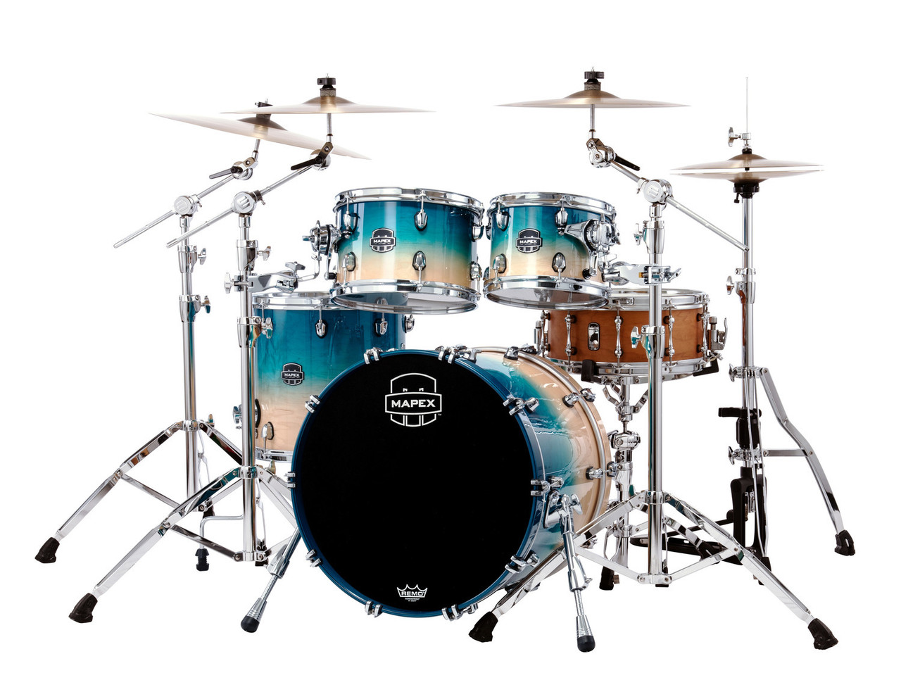 Mapex SR504XUQ Saturn Fusion 4-Piece Shell Pack in Aqua Fade finish, snare not included.