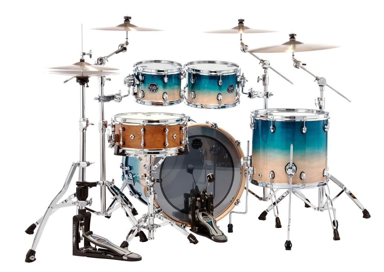 Mapex Saturn Rock 4-Piece Shell Pack in Aqua Fade featuring hybrid maple-walnut shells, SONIClear bearing edges, and robust hardware designed for powerful rock performance.