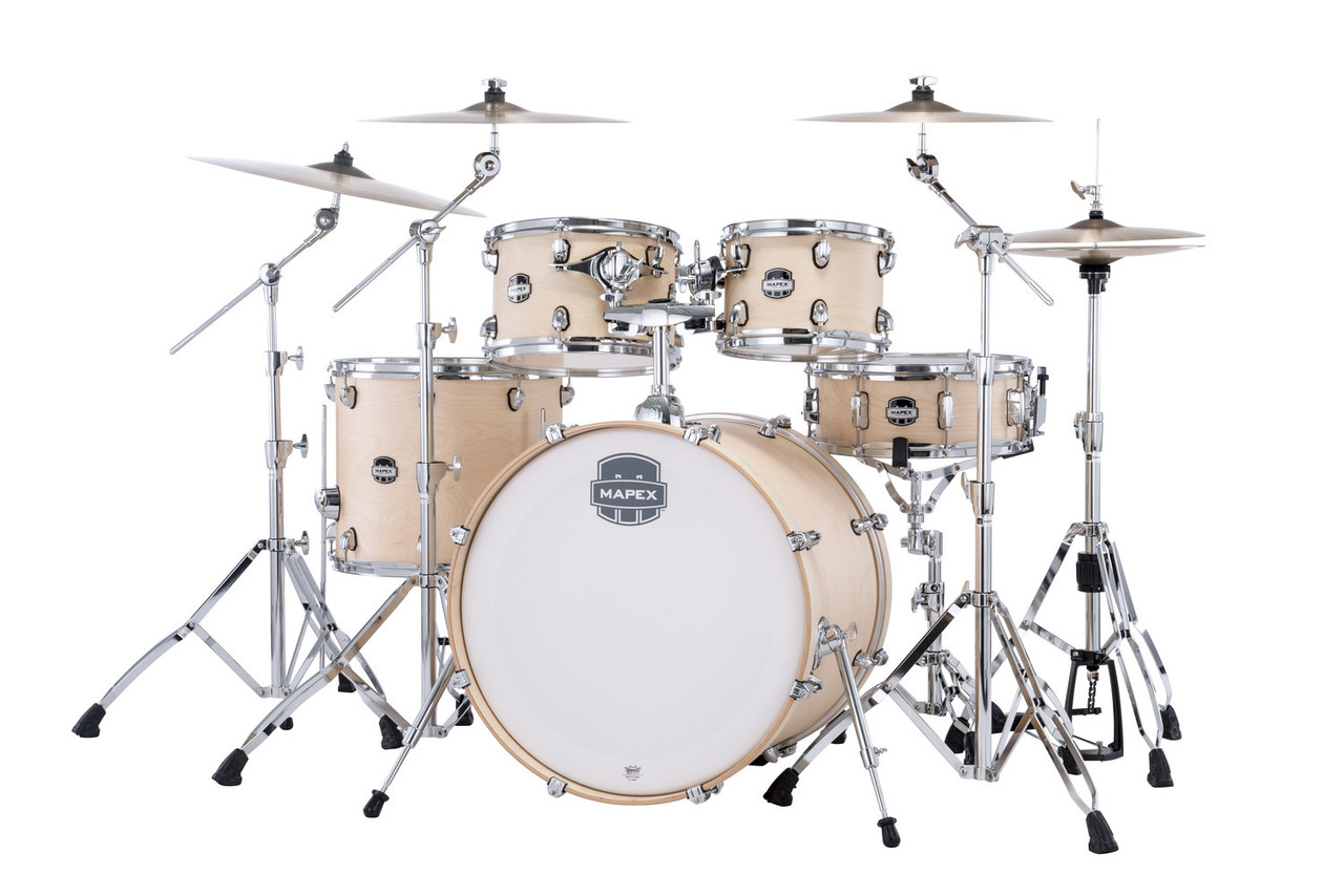 Mapex Mars Maple Rock Shell Pack in Natural Satin featuring 100% maple shells, SONIClear bearing edges, focused punchy tone, and durable hardware ideal for rock players.