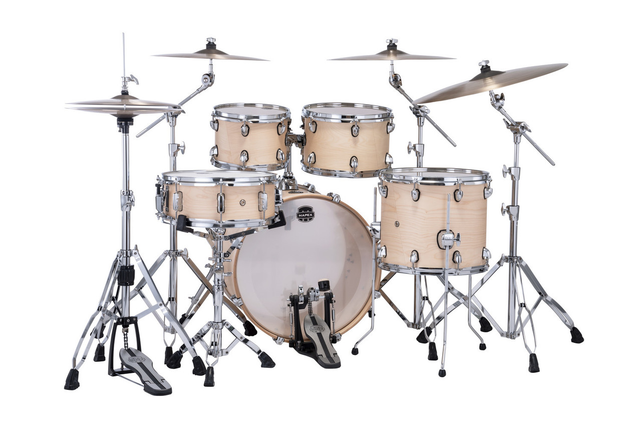 Mapex Mars Maple Fusion Shell Pack in Natural Satin featuring 100% maple shells, SONIClear bearing edges, versatile tonal range, and durable hardware suited for all playing styles.