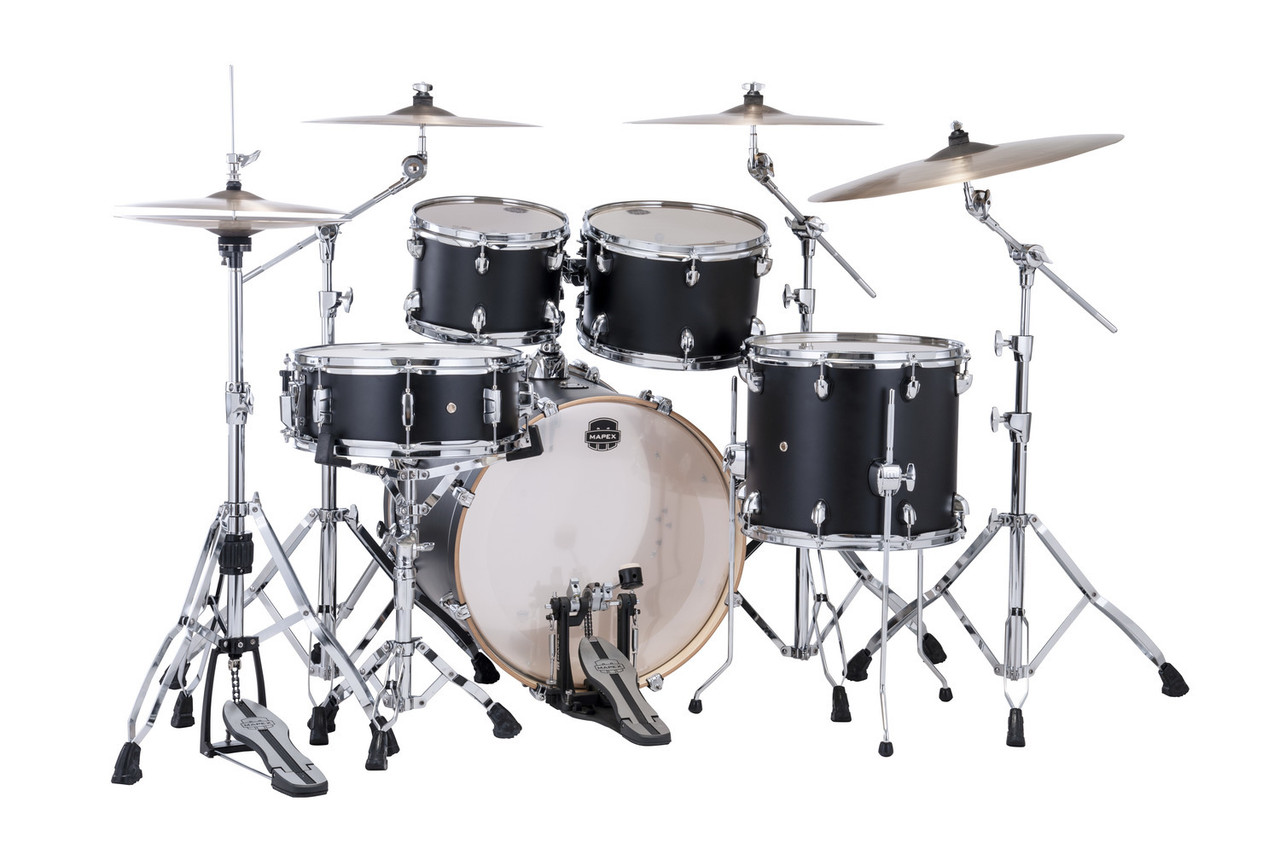 Mapex Mars Maple Fusion Shell Pack in Matte Black featuring 100% maple shells, SONIClear bearing edges, responsive tonal character, and durable hardware ideal for modern drummers.