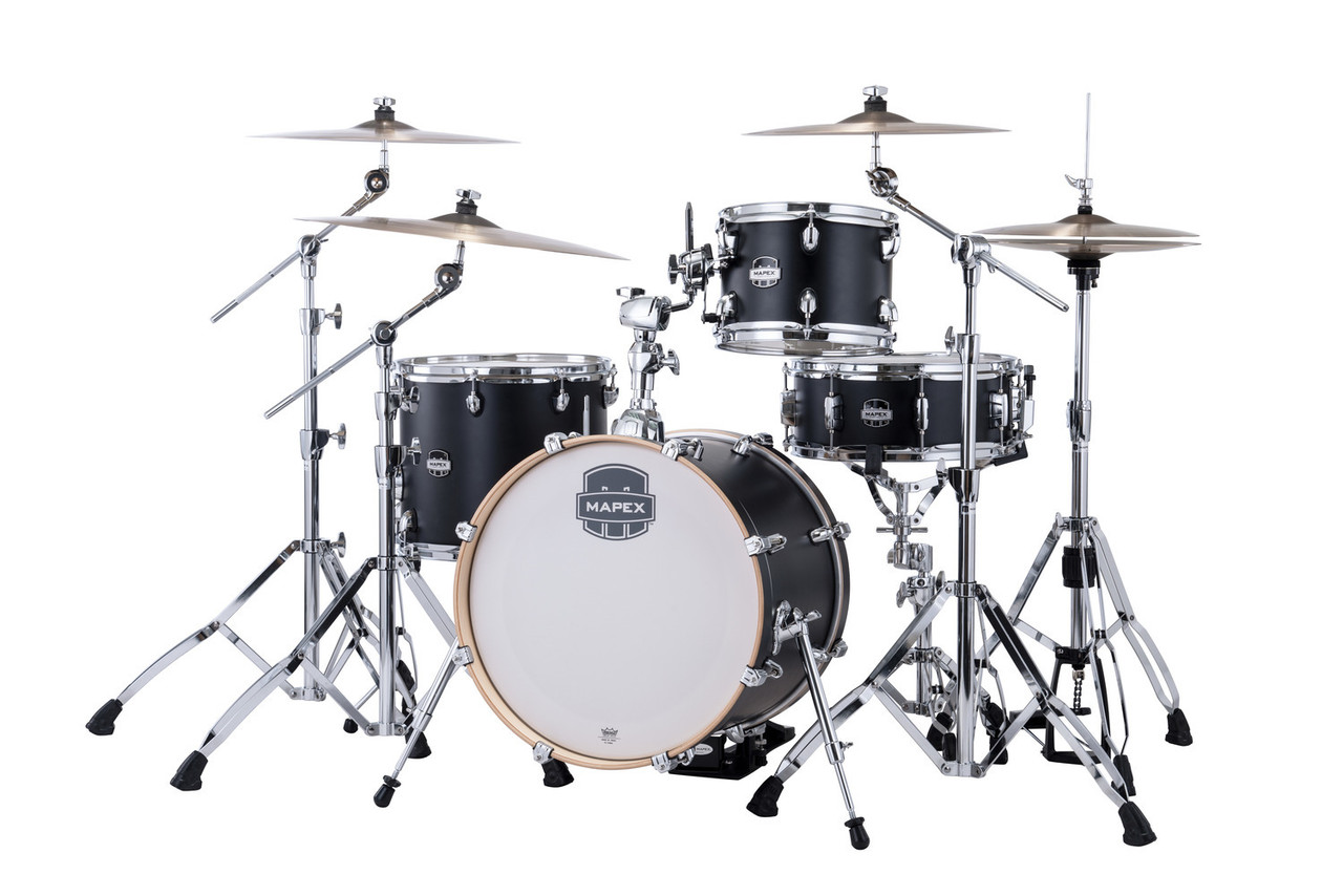 Mapex Mars Maple Bop Shell Pack in Matte Black featuring 100% maple shells, compact jazz-style sizes, SONIClear bearing edges, and punchy articulation ideal for smaller venues.
