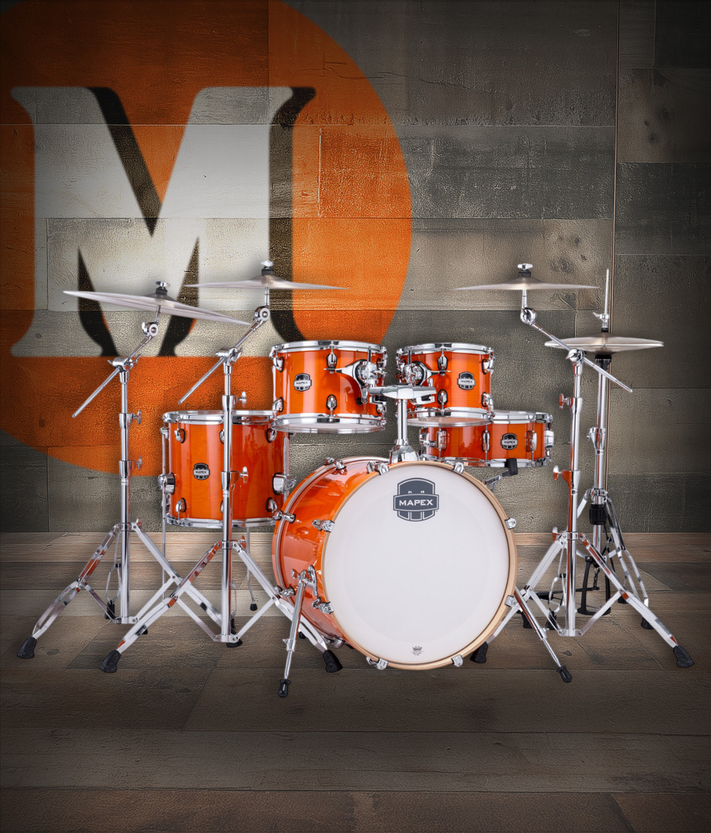 Mapex Mars Maple Fusion Shell Pack in Glossy Amber featuring 100% maple shells, SONIClear bearing edges, balanced tone, and durable hardware ideal for a wide range of musical styles.