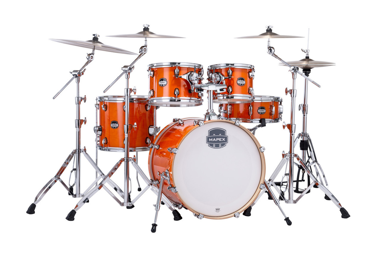 Mapex Mars Maple Fusion Shell Pack in Glossy Amber featuring 100% maple shells, SONIClear bearing edges, balanced tone, and durable hardware ideal for a wide range of musical styles.