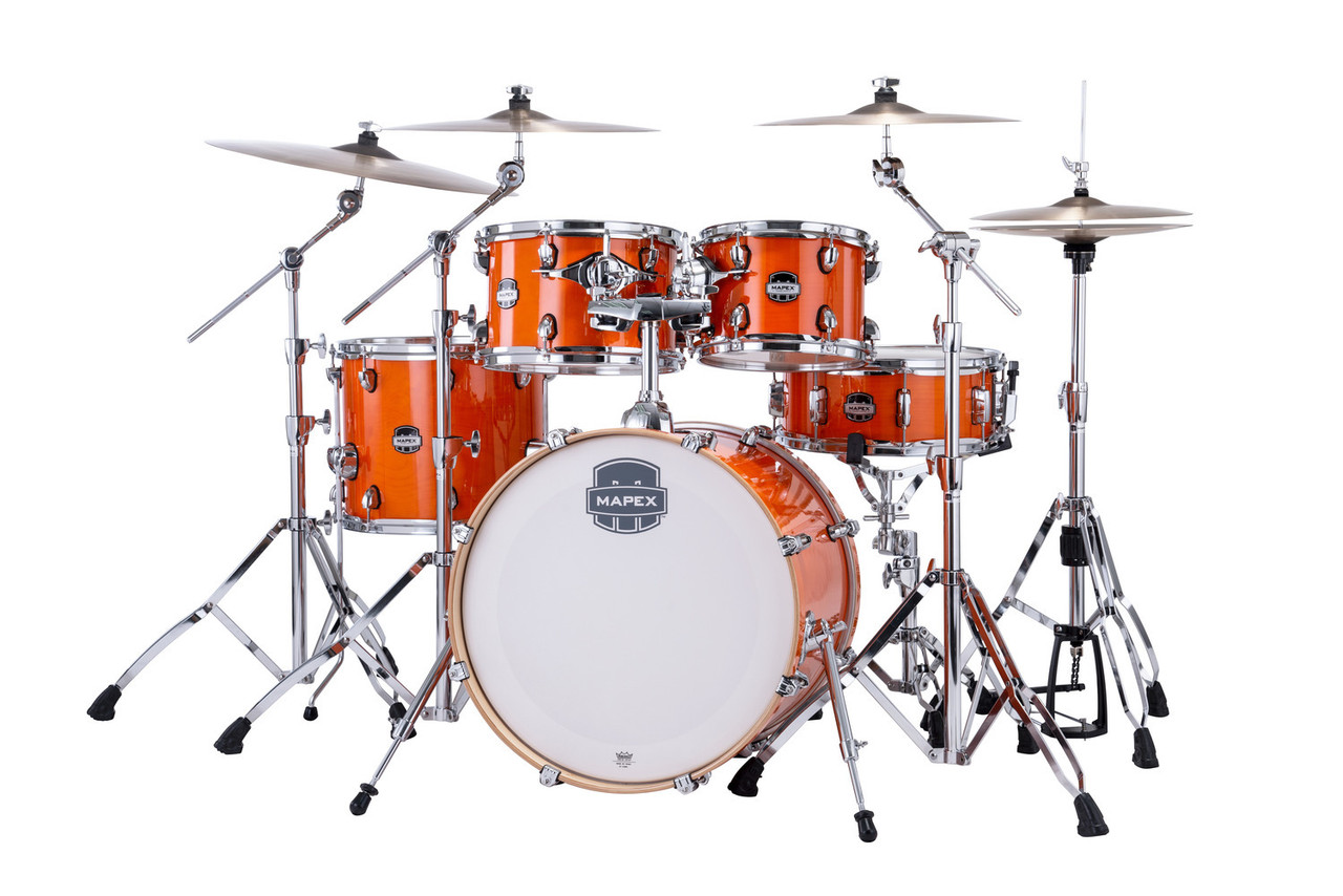 Mapex Mars Maple Fusion Shell Pack in Glossy Amber featuring 100% maple shells, SONIClear bearing edges, balanced tone, and durable hardware ideal for a wide range of musical styles.