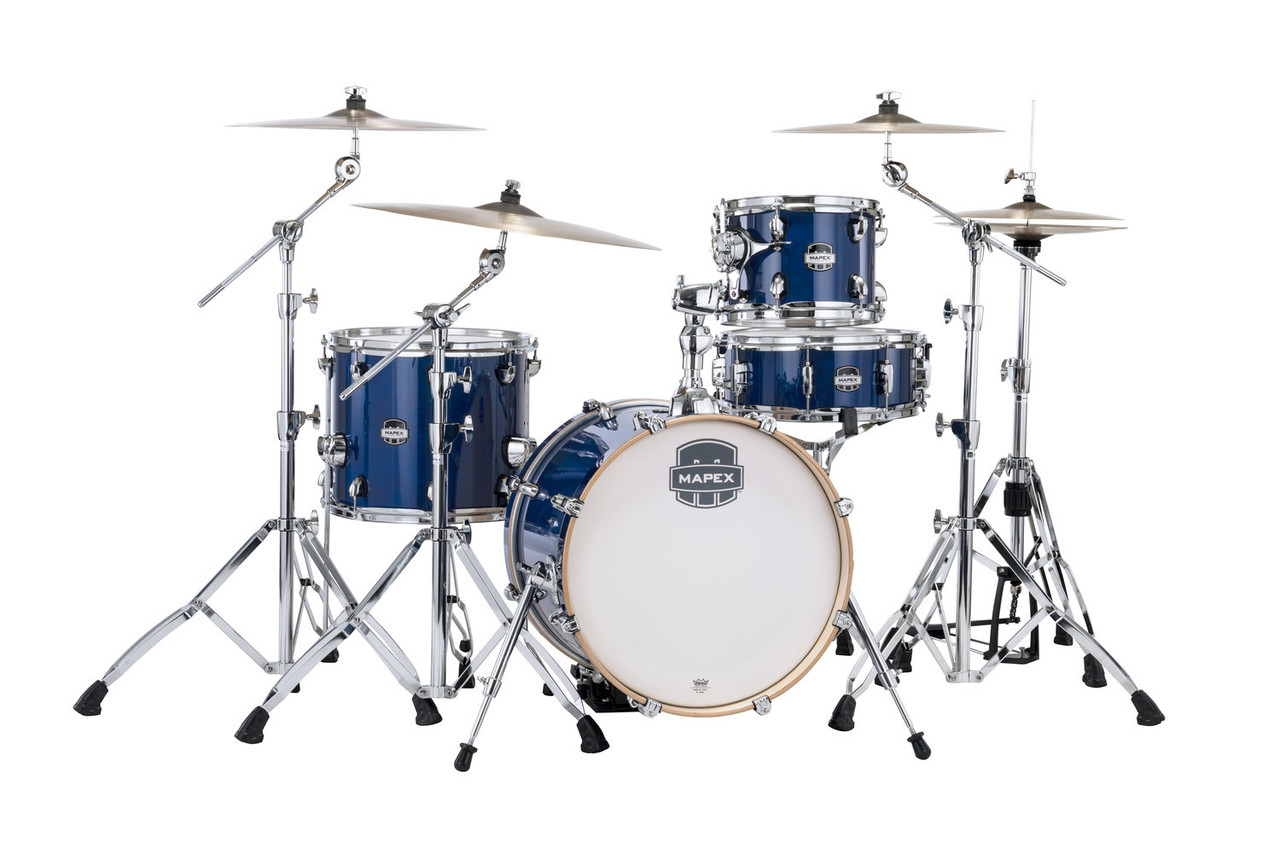 Mapex Mars Maple Bop Shell Pack in Midnight Blue featuring 100% maple shells, compact jazz-style sizing, SONIClear bearing edges, and punchy focused sound for small venues and mobile drummers.