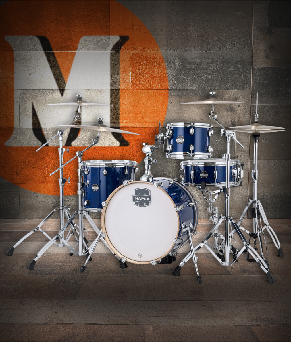 Mapex Mars Maple Bop Shell Pack in Midnight Blue featuring 100% maple shells, compact jazz-style sizing, SONIClear bearing edges, and punchy focused sound for small venues and mobile drummers.