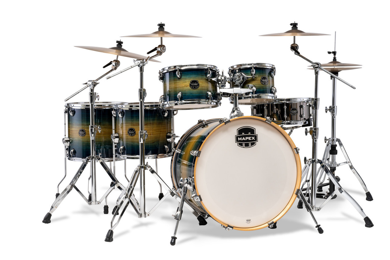 Mapex Armory Series Studioease Shell Pack in Rainforest Burst featuring hybrid maple/birch shells, fast tom configuration, SONIClear bearing edges, and powerful modern tone suited for studio and stage.