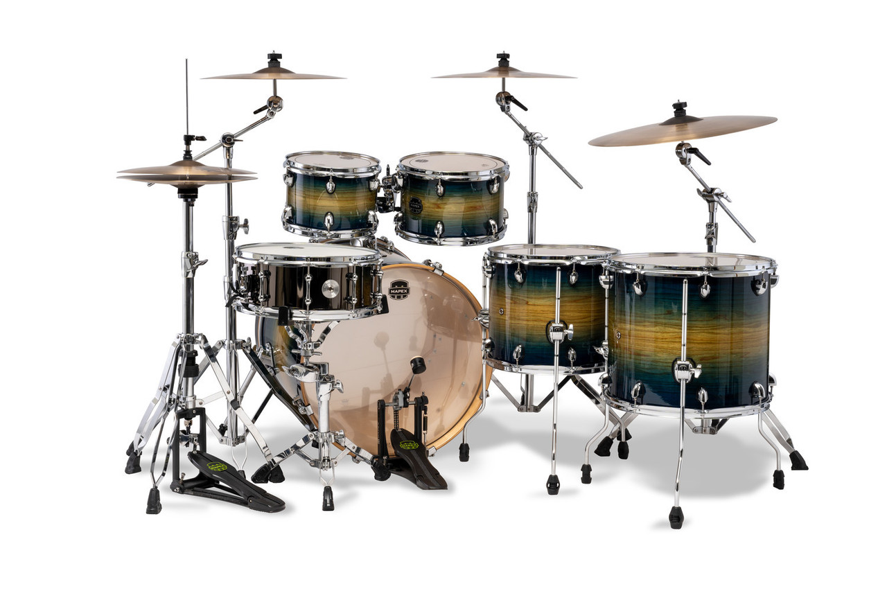 Mapex Armory Series Studioease Shell Pack in Rainforest Burst featuring hybrid maple/birch shells, fast tom configuration, SONIClear bearing edges, and powerful modern tone suited for studio and stage.