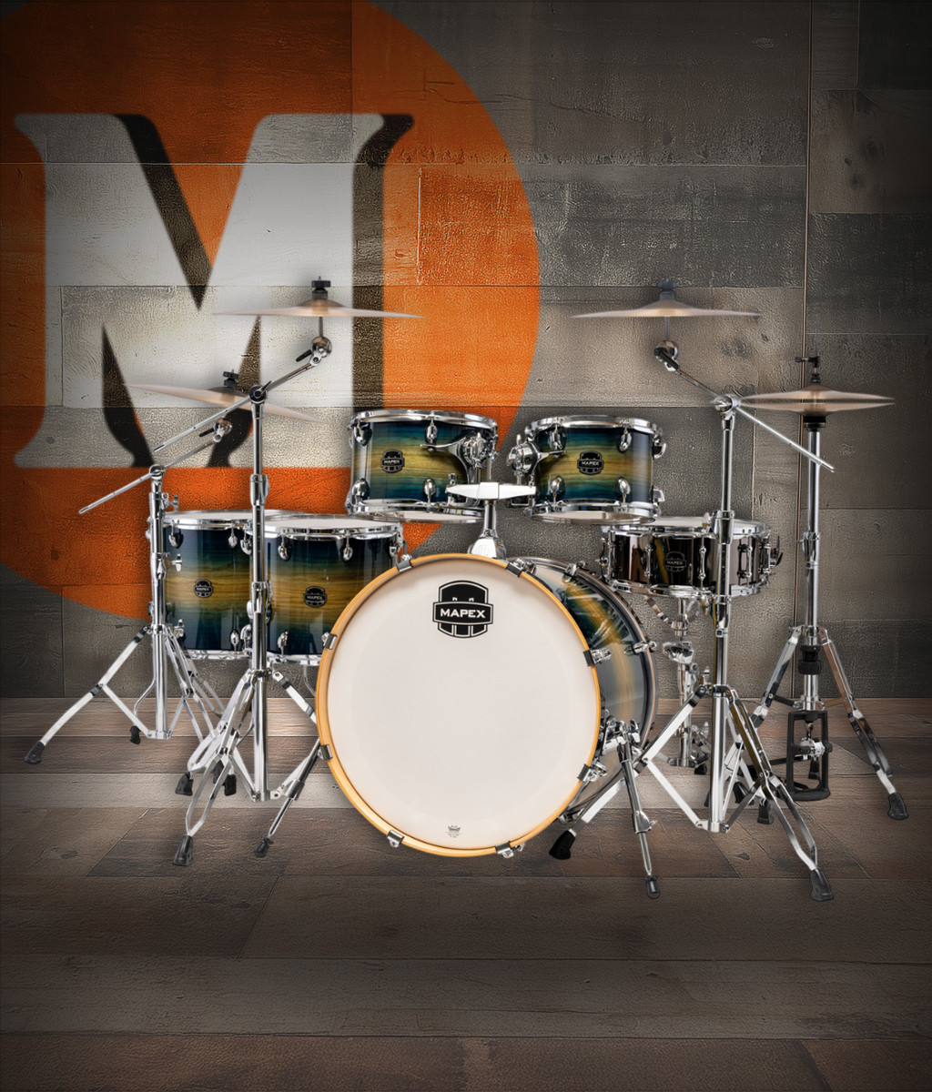 Mapex Armory Series Studioease Shell Pack in Rainforest Burst featuring hybrid maple/birch shells, fast tom configuration, SONIClear bearing edges, and powerful modern tone suited for studio and stage.