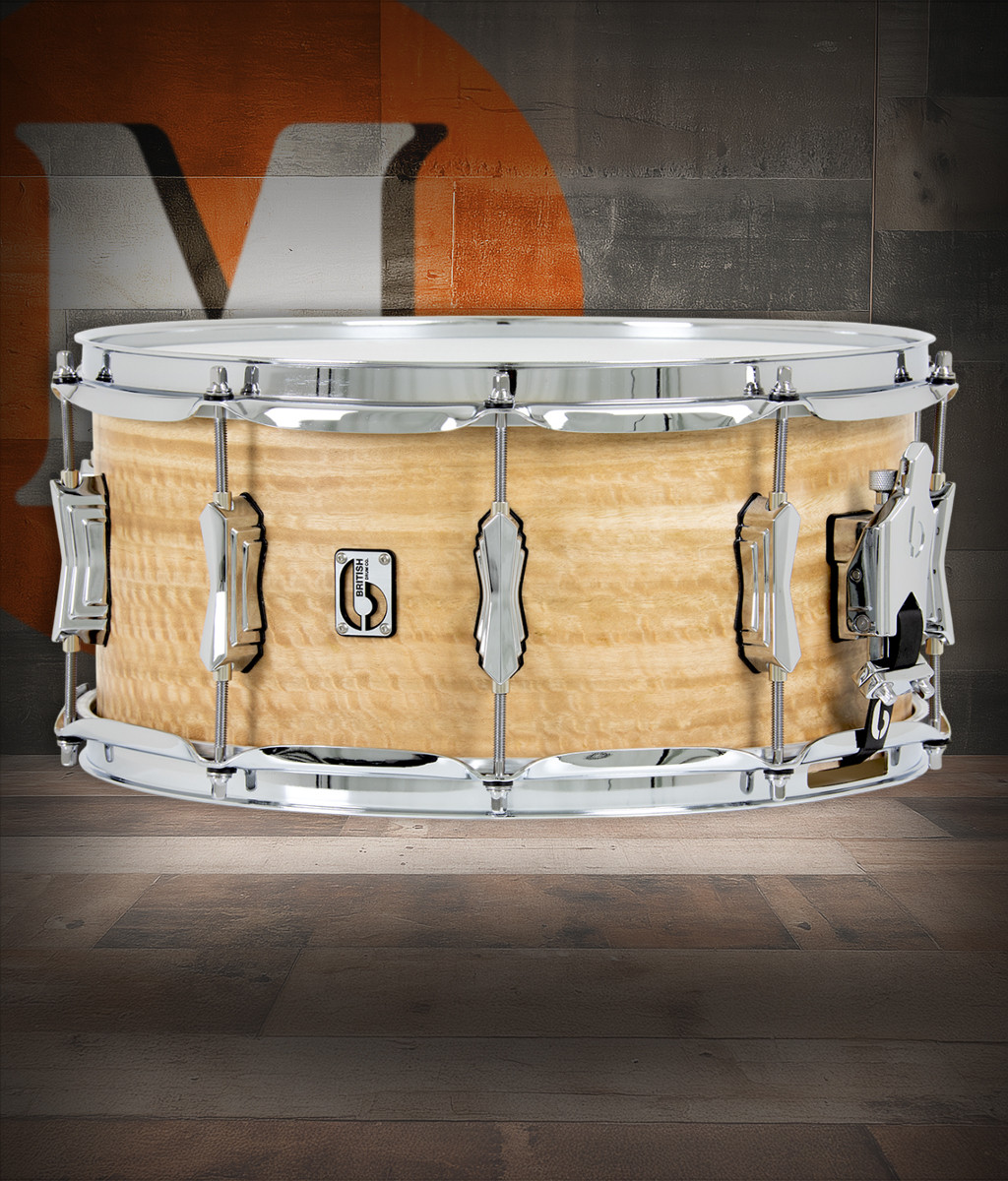 British Drum Co. Maverick 6.5x14 Maple Snare featuring a handcrafted maple shell, precision British engineering, warm versatile tone, and premium hardware built for professional drummers.