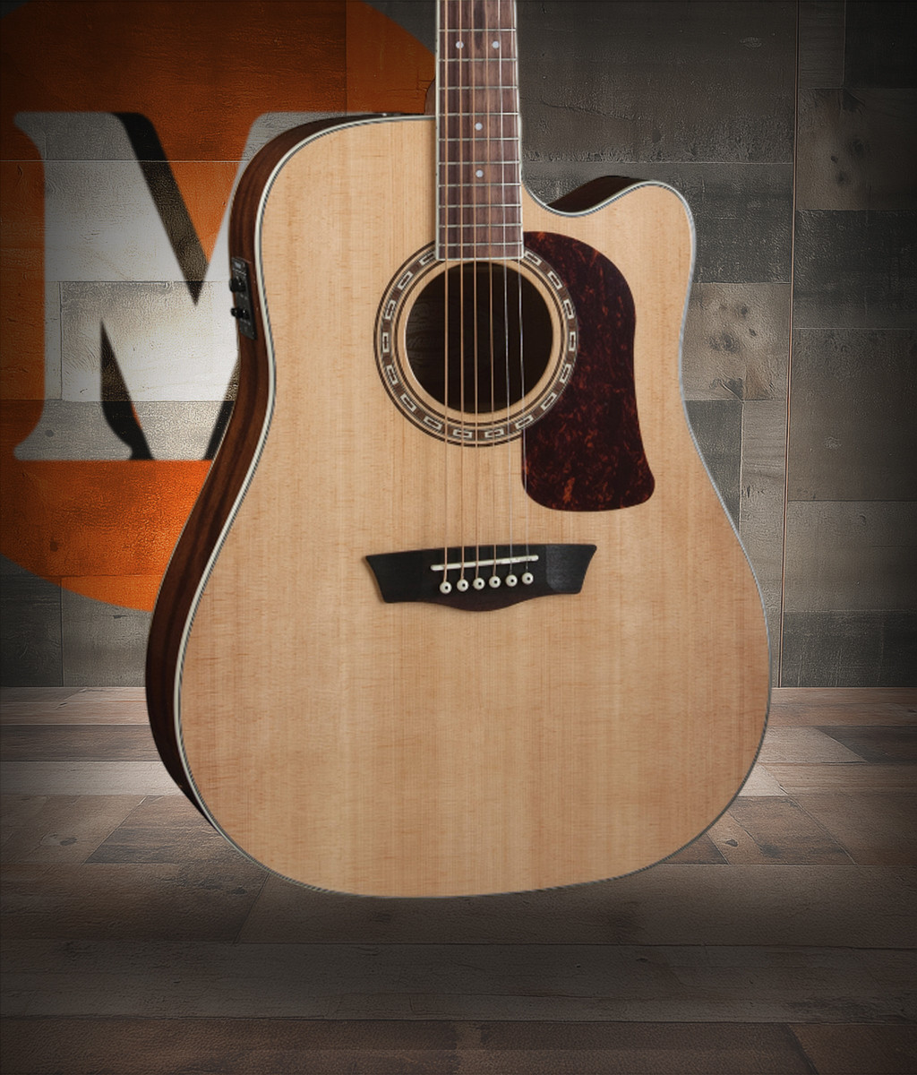 Washburn D10SCE Heritage 10 Series Acoustic-Electric Guitar in Natural featuring a solid spruce top, dreadnought cutaway body, built-in electronics, and versatile tone for stage or studio.