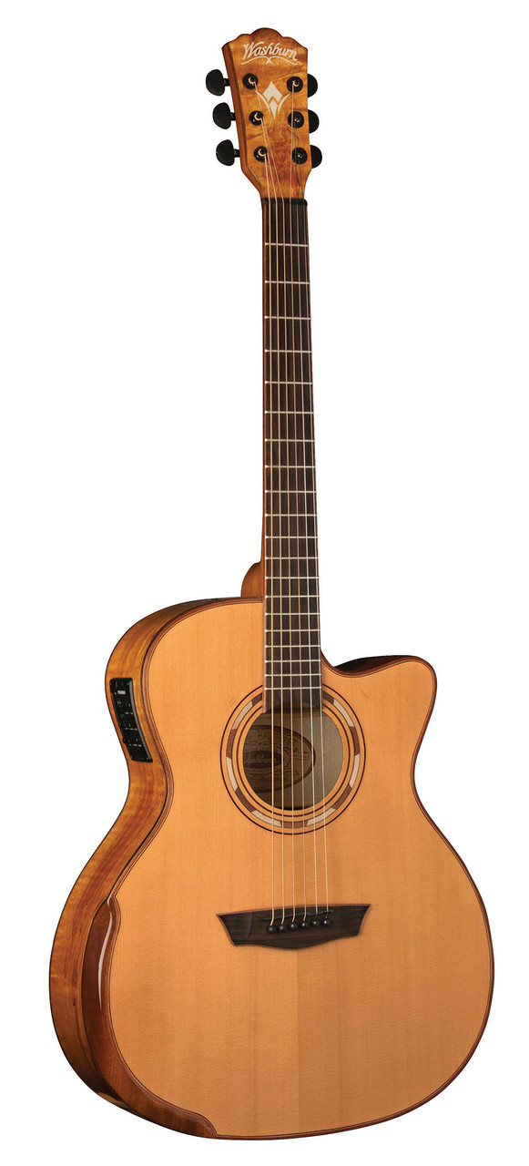 Washburn G66SCE Comfort Deluxe 66 Acoustic-Electric Guitar featuring a spalted maple top, auditorium cutaway body, premium Comfort Series armrest design, and onboard electronics for professional performance.