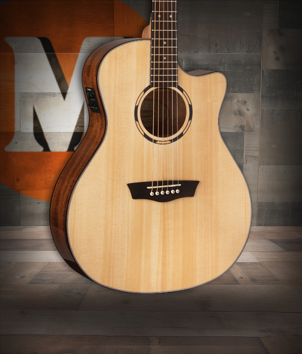 Washburn O10SCE Woodline 10 Series Acoustic-Electric Guitar featuring an orchestra cutaway body, solid top construction, natural finish, and high-quality onboard electronics for versatile stage and studio performance.