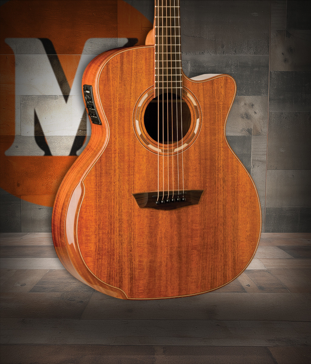 Washburn G55CE Comfort Deluxe 55 Series Acoustic-Electric Guitar featuring a koa top, grand auditorium cutaway design, ergonomic Comfort Series contour, and onboard electronics for rich, expressive tone on stage or in the studio.
