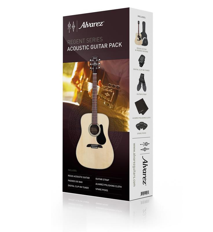 Alvarez Regent RD26S-AGP Dreadnought Acoustic Guitar Pack featuring a natural finish acoustic guitar with gig bag, tuner, strap, cloth, and picks in a POS color boxâ€”ideal for beginners and students.