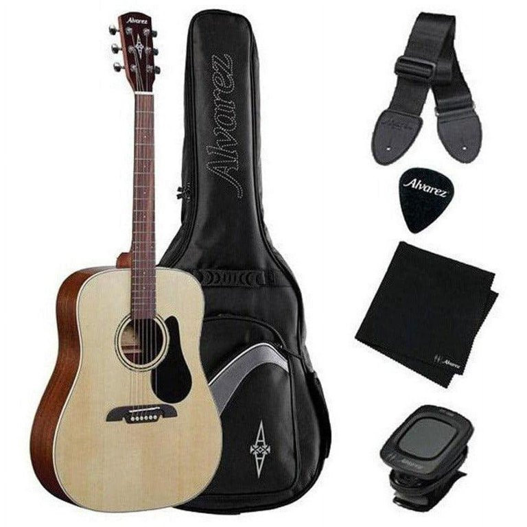 Alvarez Regent RD26S-AGP Dreadnought Acoustic Guitar Pack featuring a natural finish acoustic guitar with gig bag, tuner, strap, cloth, and picks in a POS color boxâ€”ideal for beginners and students.