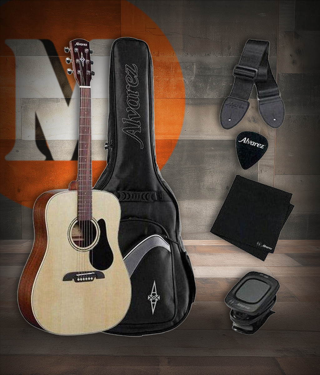 Alvarez Regent RD26S-AGP Dreadnought Acoustic Guitar Pack featuring a natural finish acoustic guitar with gig bag, tuner, strap, cloth, and picks in a POS color boxâ€”ideal for beginners and students.