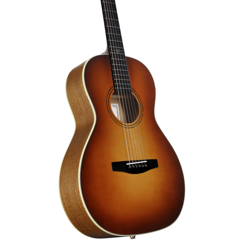 Alvarez Laureate LP60e Parlor Acoustic-Electric Guitar in Sunset featuring a compact parlor body, warm vintage-style tone, elegant Laureate detailing, and onboard electronics for stage and studio use.