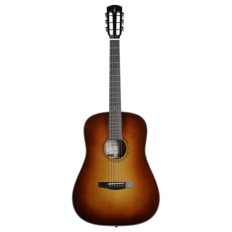 Alvarez Laureate LDR70e Dreadnought Slope Acoustic-Electric Guitar in Herringbone Sunset featuring a vintage slope-shoulder body, warm and powerful tone, classic herringbone detailing, and high-quality onboard electronics.
