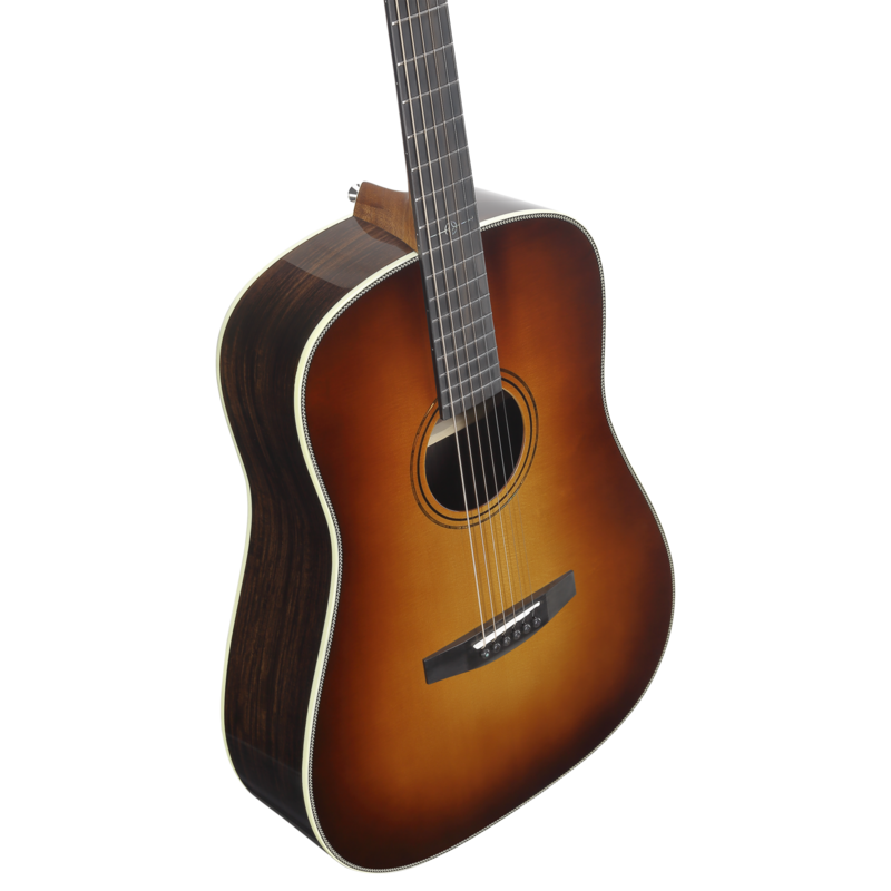 Alvarez Laureate LDR70e Dreadnought Slope Acoustic-Electric Guitar in Herringbone Sunset featuring a vintage slope-shoulder body, warm and powerful tone, classic herringbone detailing, and high-quality onboard electronics.