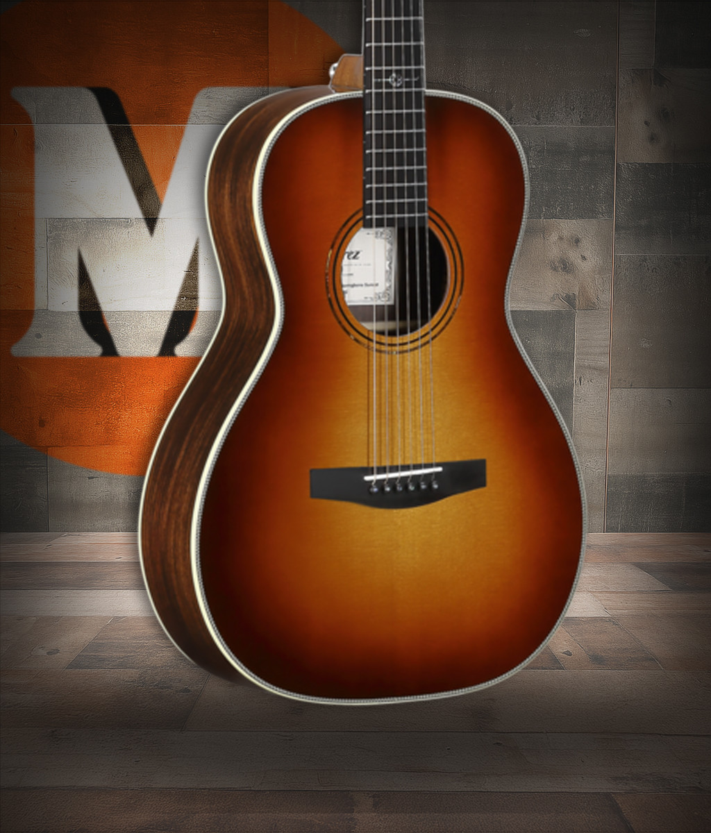 Alvarez Laureate LP70e Parlor Acoustic-Electric Guitar in Herringbone Sunset featuring a compact parlor body, warm vintage-style voice, classic herringbone detailing, and onboard electronics for studio and stage use.