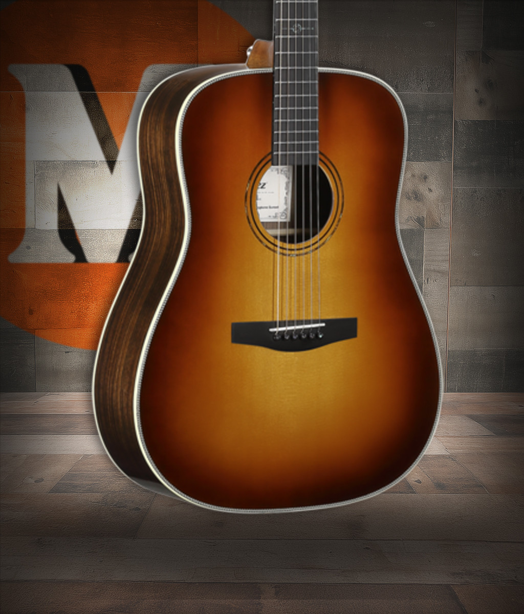 Alvarez Laureate LD70e Dreadnought Acoustic-Electric Guitar in Herringbone Sunset featuring a full dreadnought body, warm and powerful tonal character, classic herringbone detailing, and high-quality onboard electronics for live and studio use.