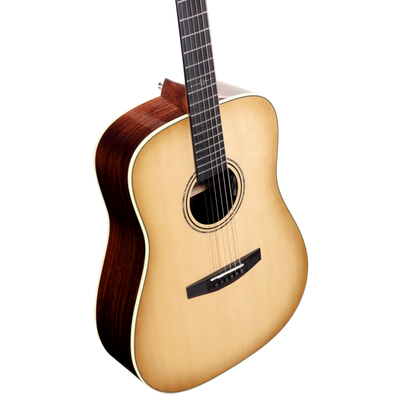 Alvarez Laureate LD70Le Left-Handed Dreadnought Acoustic-Electric Guitar in Daybreak featuring a full dreadnought body, left-handed design, bold low-end projection, and premium onboard electronics for live and studio performance.
