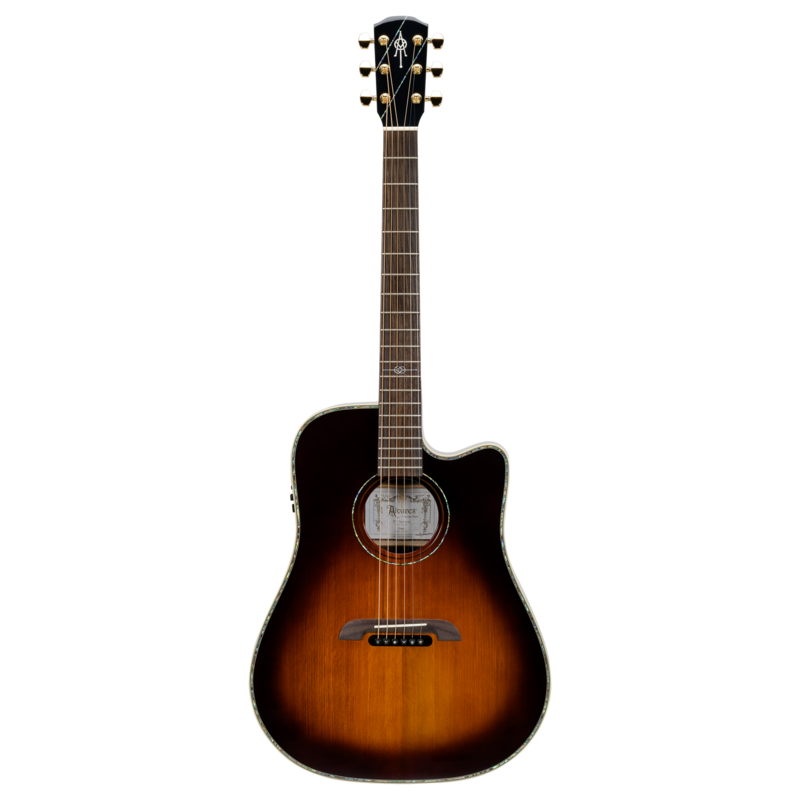 Alvarez Yairi DY1 Stage Dreadnought Acoustic-Electric Guitar in Sunburst featuring a solid cedar top, rosewood back and sides, cutaway design, premium Yairi craftsmanship, and professional onboard electronics.