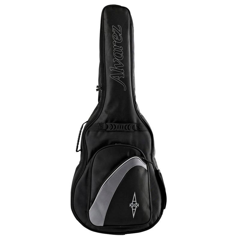Alvarez 15mm Duo-Foam Deluxe Dreadnought Gig Bag (AGB-15A) featuring dual-layer 15mm foam padding, reinforced stitching, multiple accessory pockets, and durable protection for acoustic dreadnought guitars.