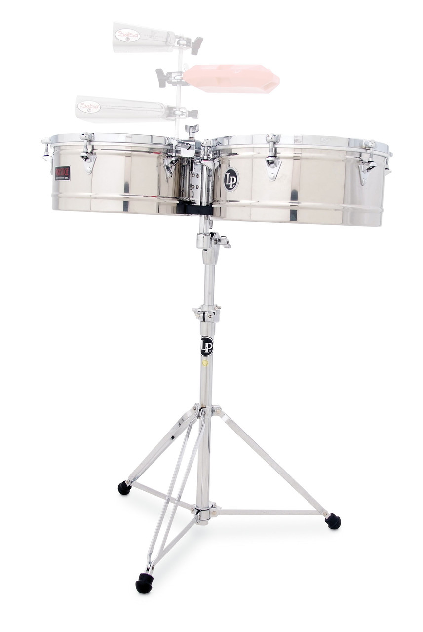 Latin Percussion LP1415-S Prestige 14"/15" Stainless Steel Timbales featuring polished steel shells, chrome hardware, bright powerful projection, and premium craftsmanship built for advanced Latin percussionists.