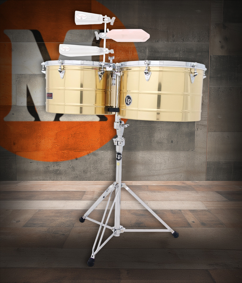 Latin Percussion LP1516-B Prestige 15"/16" Brass Thunder Timbales featuring oversized brass shells, chrome hardware, dynamic projection, and premium build quality ideal for Latin jazz, salsa, and contemporary percussion.