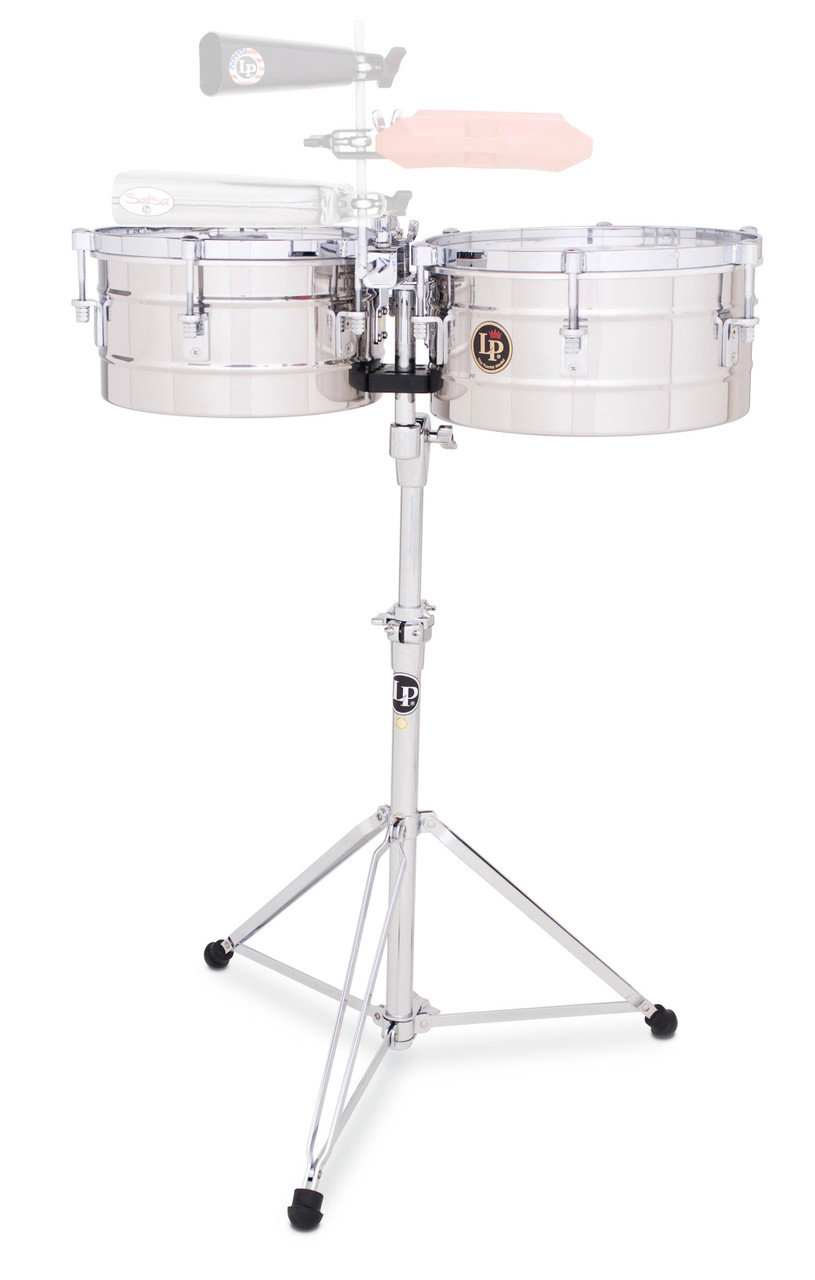 Latin Percussion LP255-S Timbales featuring 12" and 13" stainless steel shells, chrome hardware, bright cutting tone, and durable construction suited for students, intermediate players, and live performers.