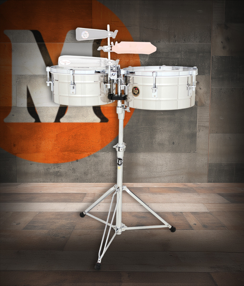 Latin Percussion LP256-S Timbales featuring 13" and 14" stainless steel shells, chrome hardware, bright cutting tone, and durable construction suited for live performance, studio recording, and Latin percussion ensembles.