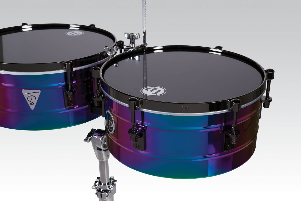Latin Percussion LP257-TS Tony Succar 14"/15" Signature Timbales featuring vibrant rainbow shells, black nickel hardware, bold projection, and artist-designed tone ideal for salsa, timba, Latin pop, and contemporary percussion.