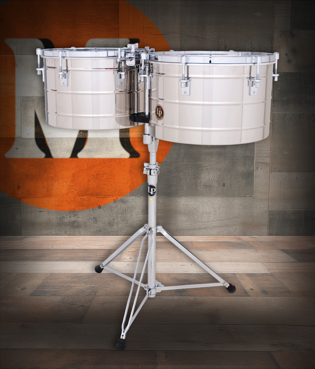 Latin Percussion LP258-S Thunder Timbales featuring 15" and 16" polished stainless steel shells, chrome hardware, bright powerful attack, and professional durability for high-volume salsa, timba, and Latin jazz performance.