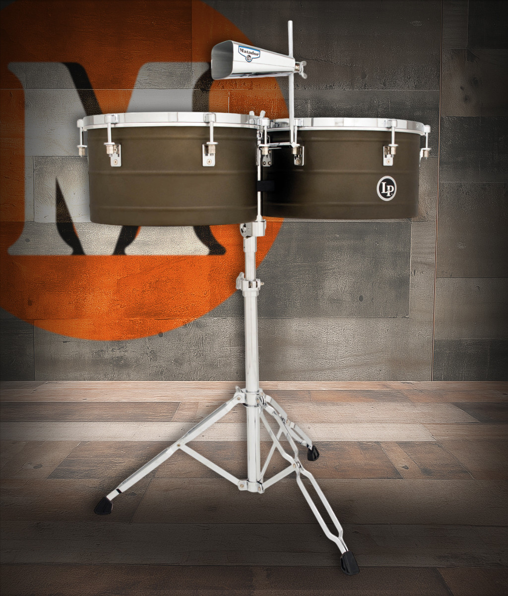 Latin Percussion M258 Matador 14"/15" Steel Timbales featuring an antique steel finish, chrome hardware, bright projecting tone, and an included cowbell for traditional Latin performance and modern percussion setups.