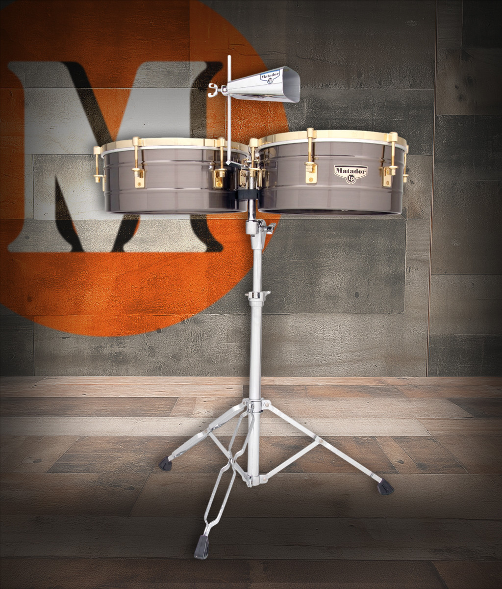 Latin Percussion M257-BNG Matador 14"/15" Timbales featuring brushed nickel and gold shells, chrome hardware, bright projecting tone, and an included cowbellâ€”perfect for salsa, timba, and Latin jazz performances.
