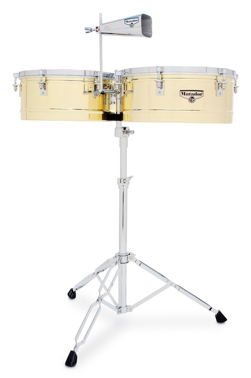 Latin Percussion M257B Matador 14"/15" Brass Timbales featuring polished brass shells, chrome hardware, bright cutting tone, and an included cowbellâ€”ideal for salsa, timba, and Latin jazz performance.