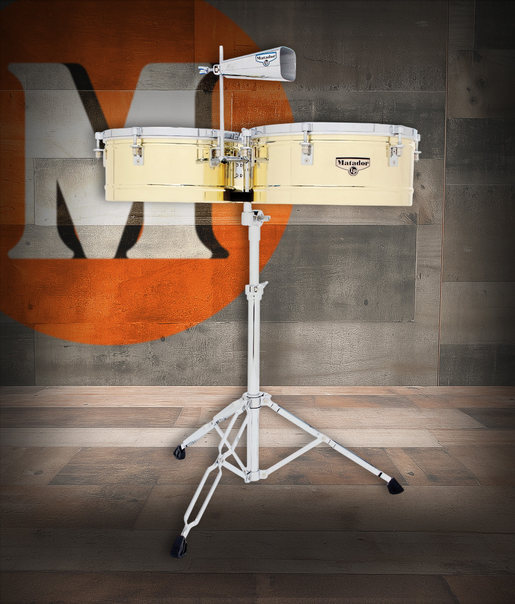 Latin Percussion M257B Matador 14"/15" Brass Timbales featuring polished brass shells, chrome hardware, bright cutting tone, and an included cowbellâ€”ideal for salsa, timba, and Latin jazz performance.