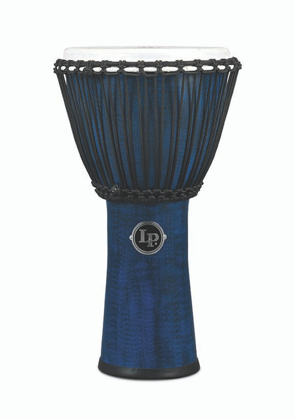 Latin Percussion LP724B World Beat FX 11" Rope-Tuned Synthetic Djembe featuring a lightweight synthetic shell, durable rope tuning system, vibrant blue finish, and resonant tone ideal for world percussion, classrooms, and recreational drumming.