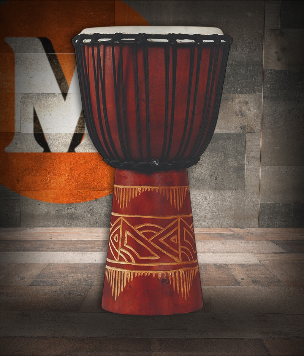 Latin Percussion LP713MR World Beat Wood Art Medium Djembe featuring a carved wooden body, red and natural finish, rope tuning, and resonant tone suitable for recreational drumming and world percussion use.
