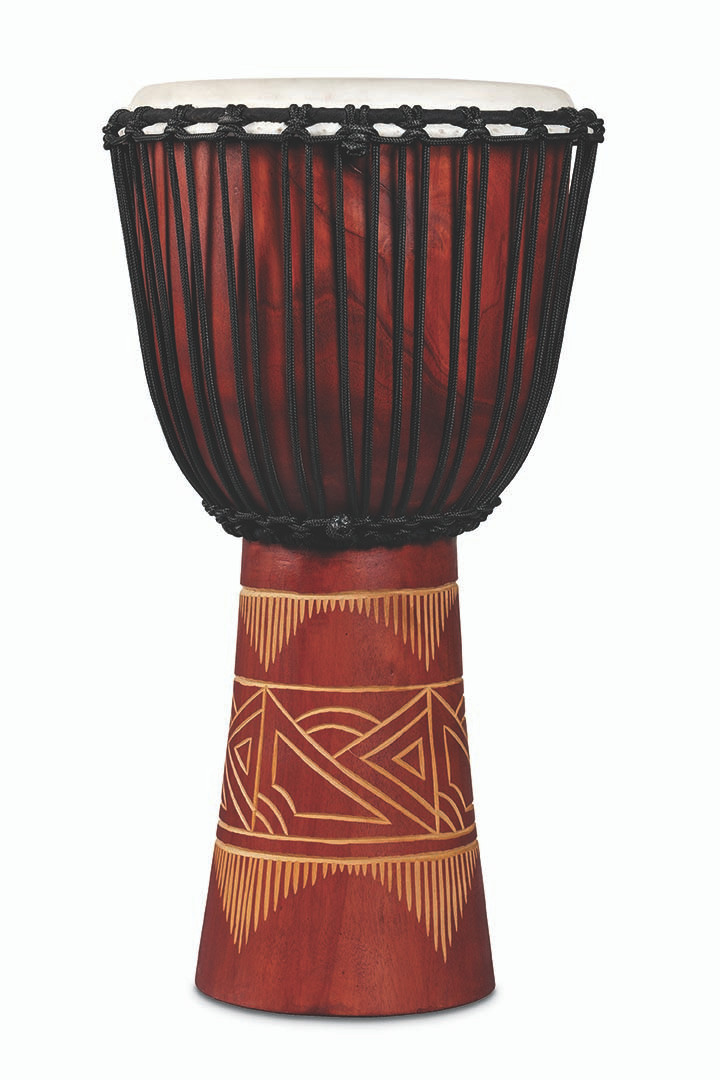 Latin Percussion LP713LR World Beat Wood Art Large Djembe featuring a carved wooden shell, red/natural artistic finish, rope tuning, and deep resonant sound ideal for world percussion ensembles and recreational drumming.